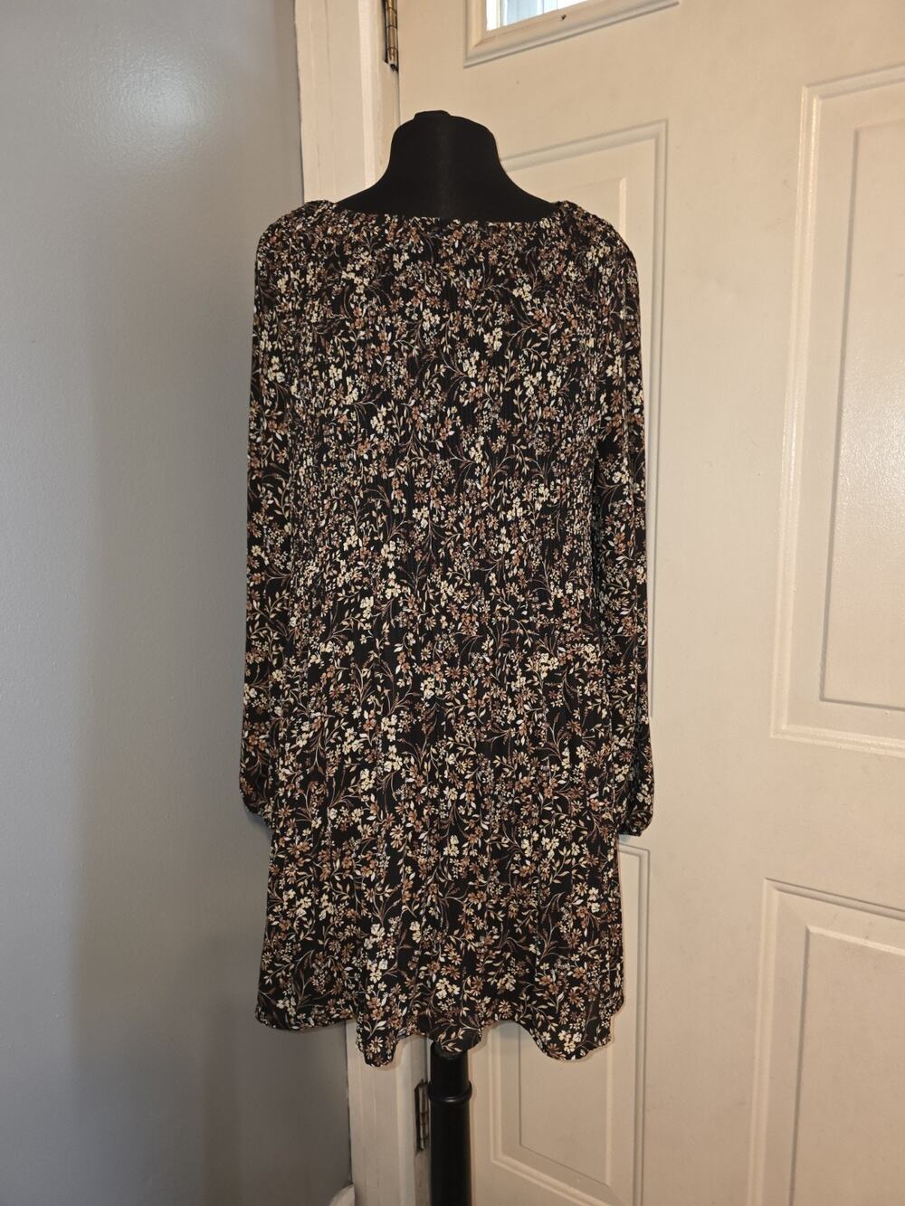 June & Hudson Womens Ditsy Floral Babydoll Dress Long Sleeve Brown & Black Sz L